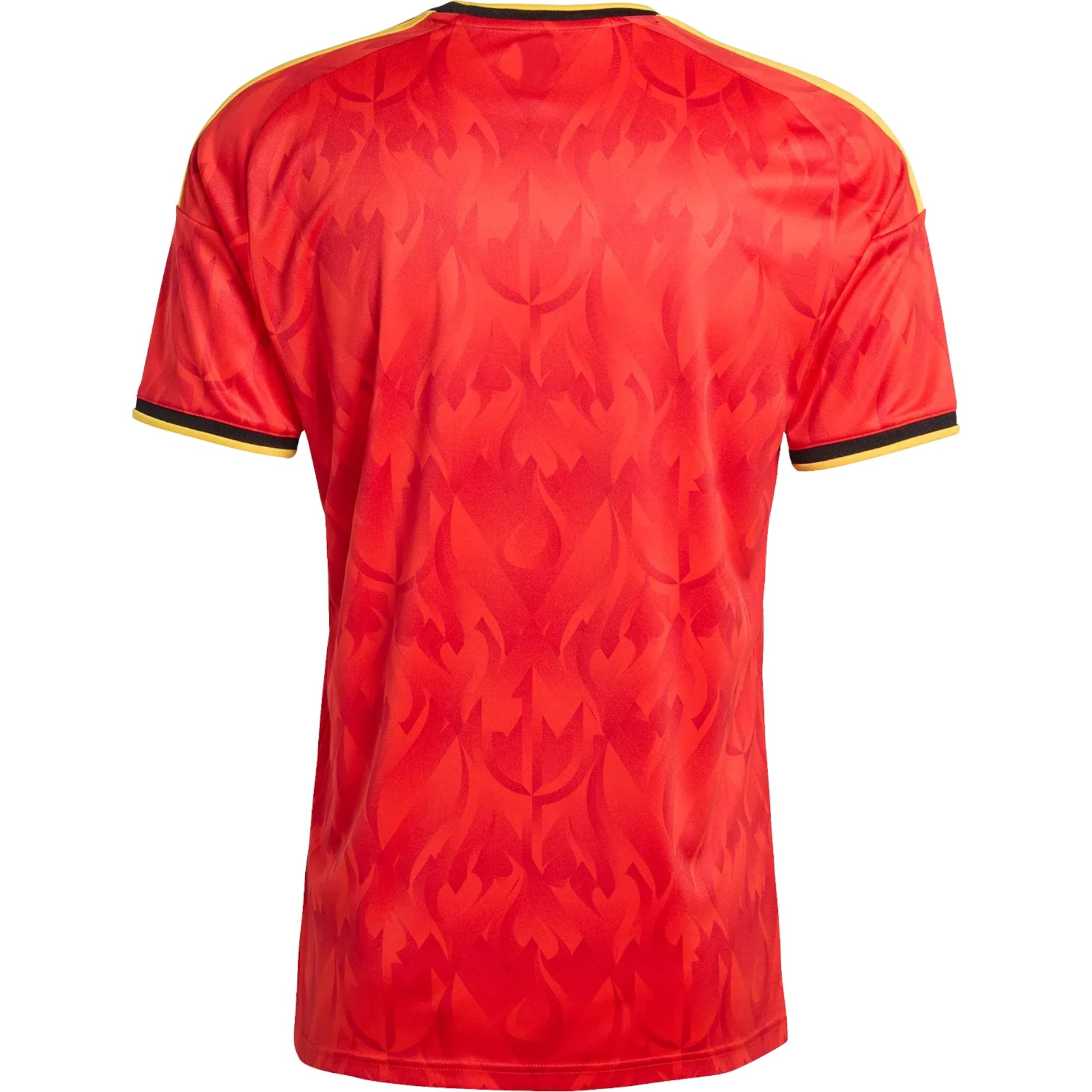 GOATkitz Belgium 2026 Kids Home Jersey, red with flame pattern and yellow/black trim on sleeves and collar.