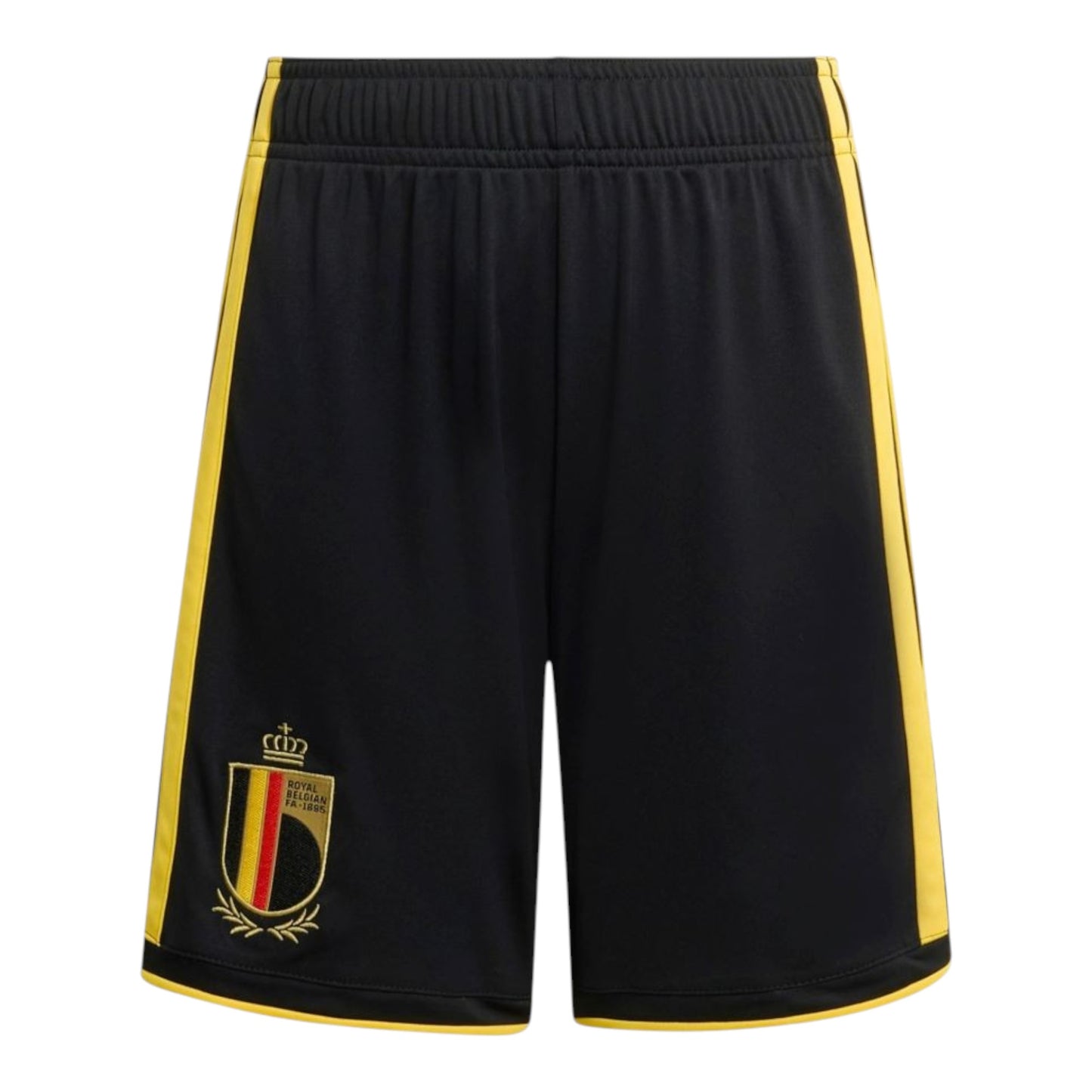 GOATkitz black kids' soccer shorts with yellow side stripes and embroidered Belgium crest