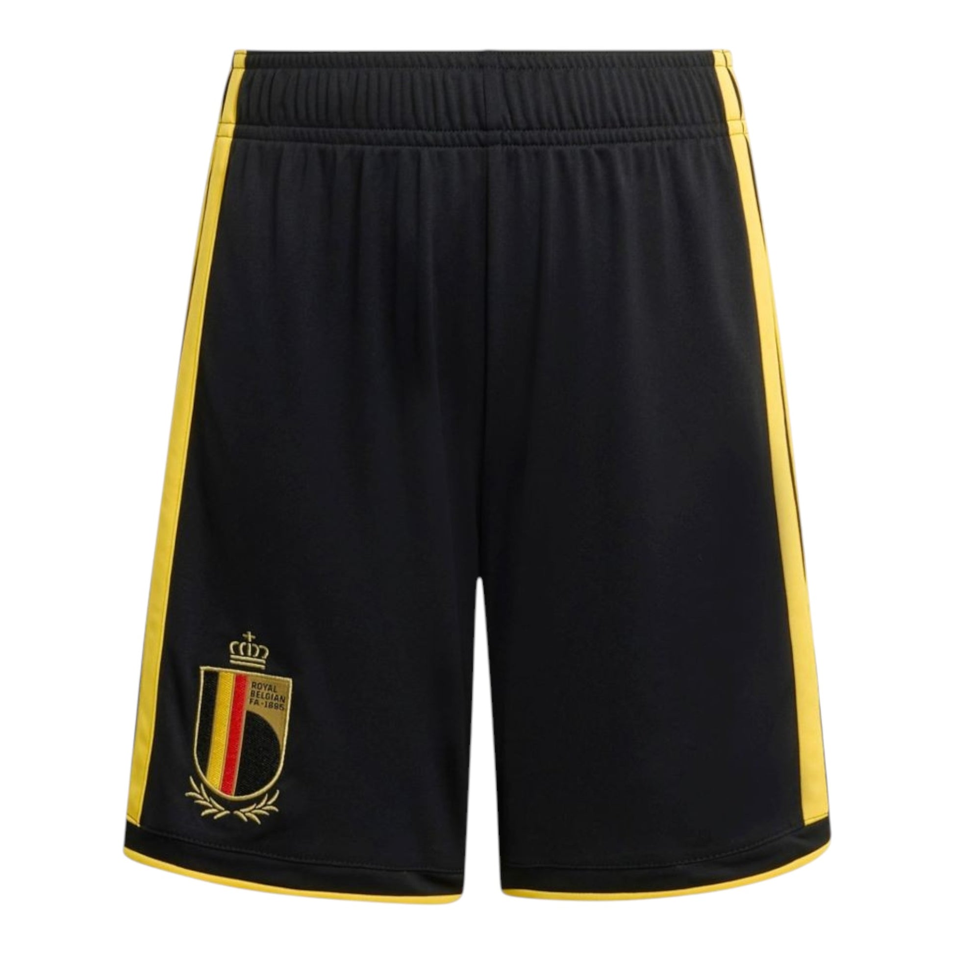 GOATkitz black kids' soccer shorts with yellow side stripes and embroidered Belgium crest