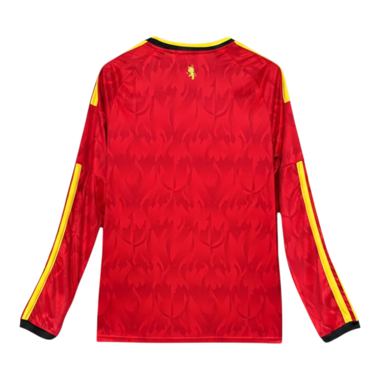 GOATkitz Belgium 2026 long sleeve adult home jersey in red with yellow accents and flame pattern. Customizable.