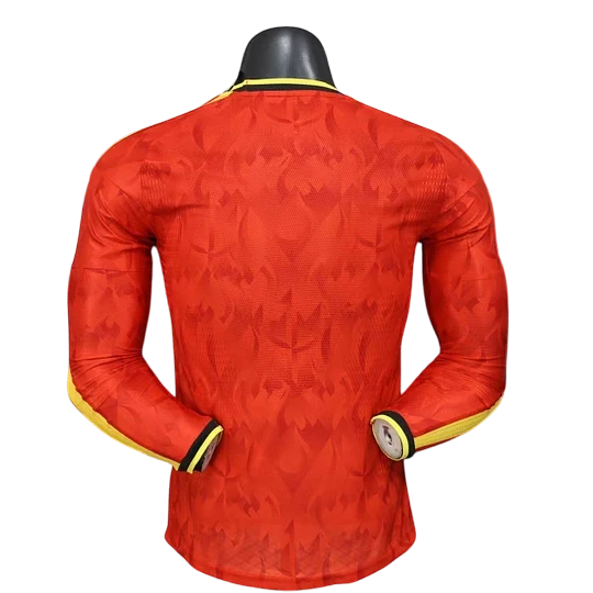 GOATkitz Belgium 2026 long sleeve player version home jersey in red with yellow and black trim on cuffs and collar.