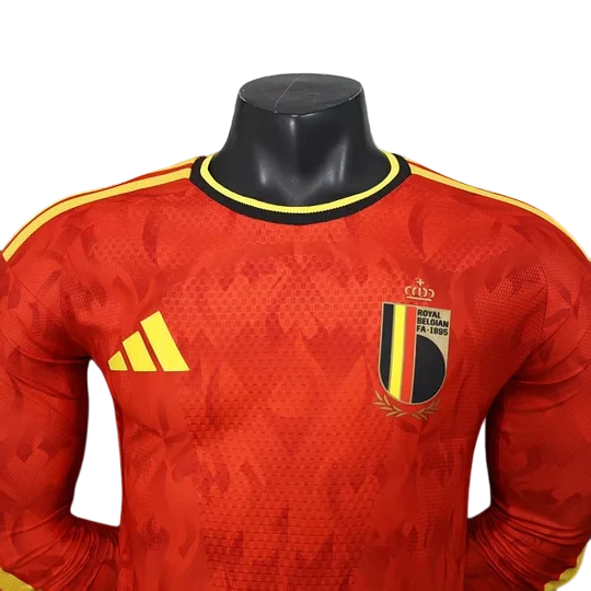 GOATkitz Belgium 2026 long sleeve player version home jersey in red with yellow accents and crest. Customizable.
