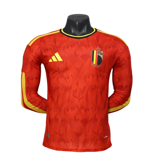 GOATkitz Belgium 2026 long sleeve player version home jersey in red with yellow accents and crest. Customizable.
