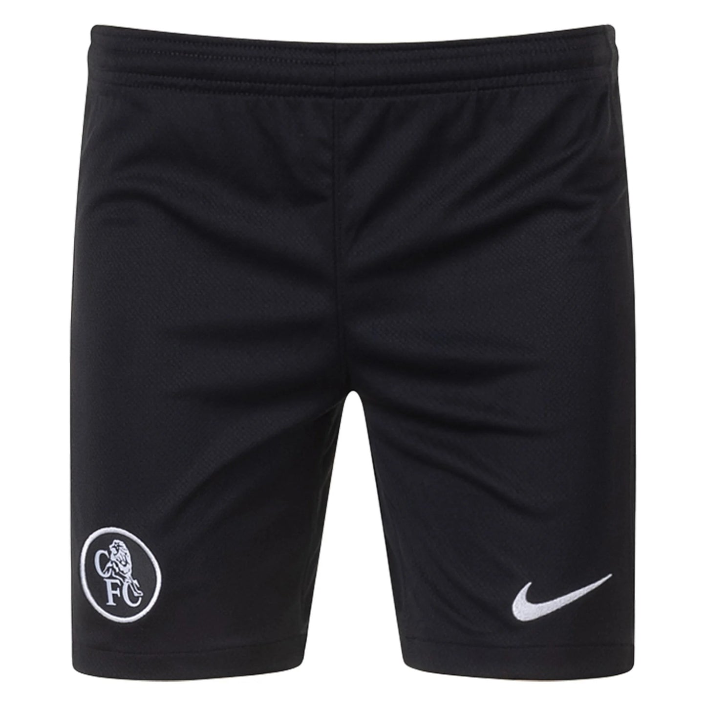 GOATkitz black Chelsea FC kids soccer shorts with embroidered club crest and Nike swoosh logo. Elastic waistband.