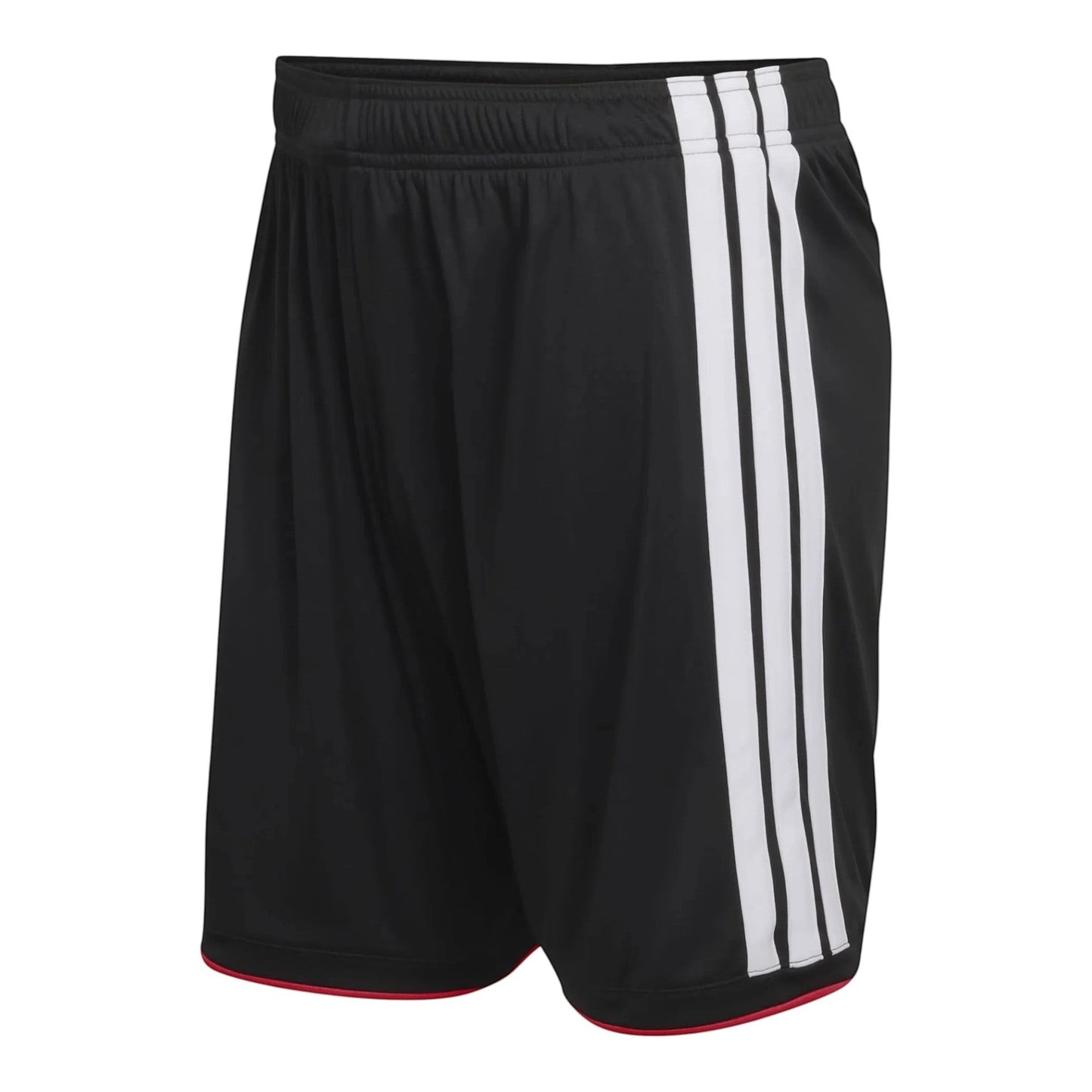 GOATkitz black kids' soccer shorts with white side stripes and red trim. Elastic waistband for comfort.