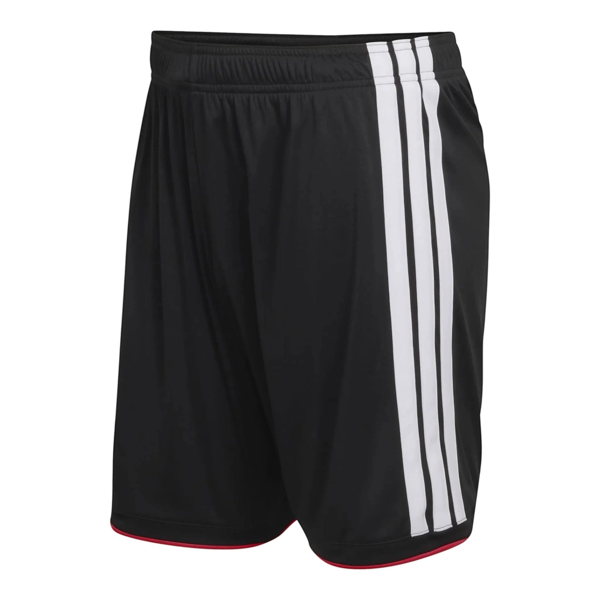 GOATkitz black kids' soccer shorts with white side stripes and red trim. Elastic waistband for comfort.
