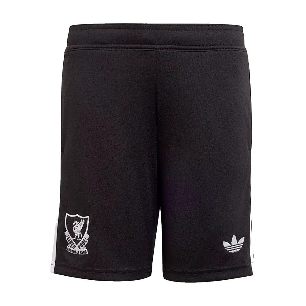 GOATkitz black Liverpool 2025-26 kids goalkeeper shorts with white trim and embroidered club crest and Adidas logo.