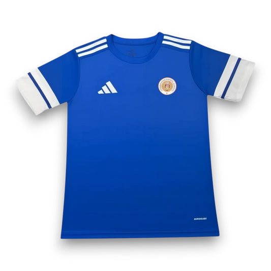 GOATkitz blue 2026 Curaçao adult home jersey with white Adidas stripes on sleeves and customizable name/number option.