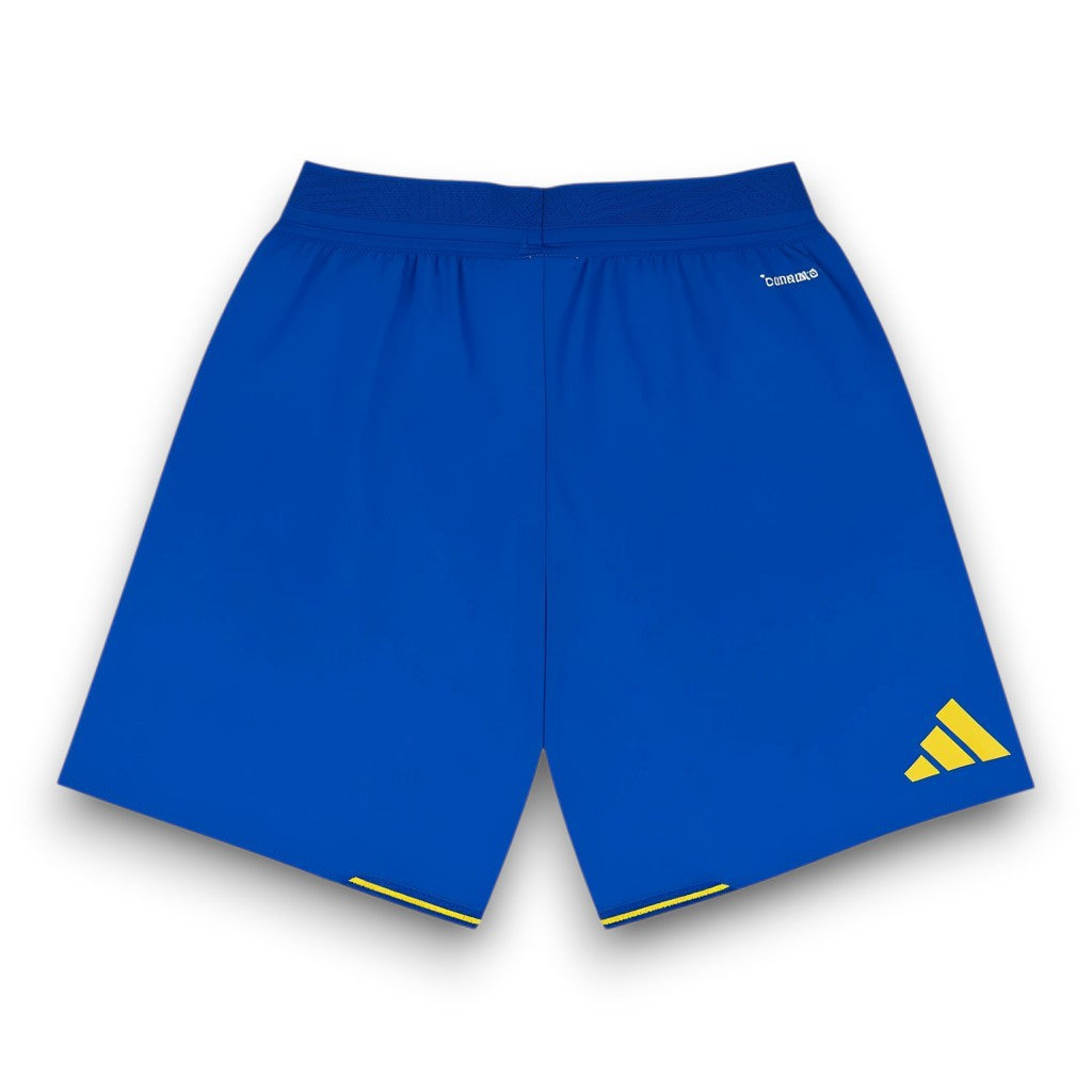 GOATkitz blue kids soccer shorts with yellow Adidas logo and trim, elastic waistband, and Climalite technology.