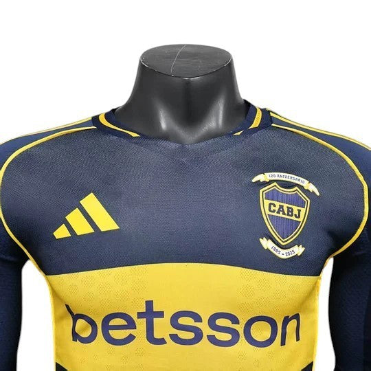 GOATkitz Boca Juniors 2025-26 long sleeve player version jersey in navy blue and yellow with customizable name and number.
