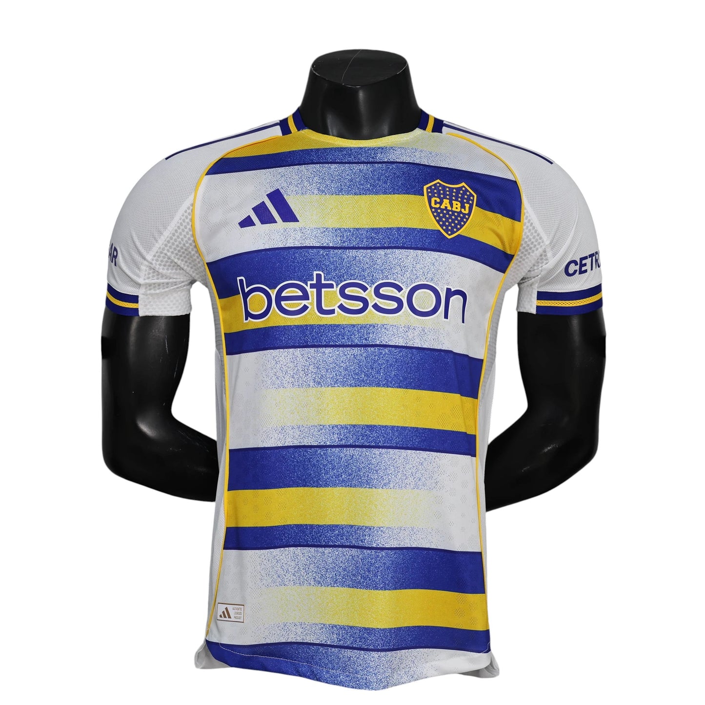 GOATkitz Boca Juniors 2025-26 player version third jersey with blue, yellow, and white horizontal stripes and Betsson logo.