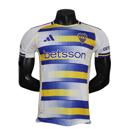 GOATkitz Boca Juniors 2025-26 player version third jersey with blue, yellow, and white horizontal stripes and Betsson logo.