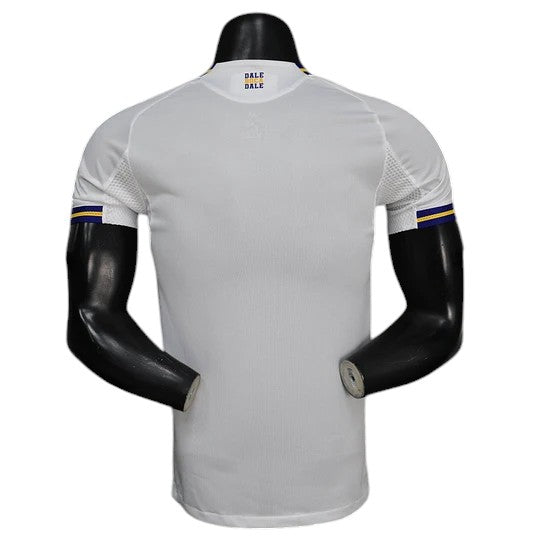 GOATkitz Boca Juniors 2025-26 white player version third jersey with blue and gold trim on sleeves and collar.