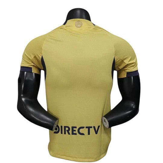 GOATkitz Boca Juniors 2025-26 player version away jersey in yellow with navy accents and DIRECTV logo.
