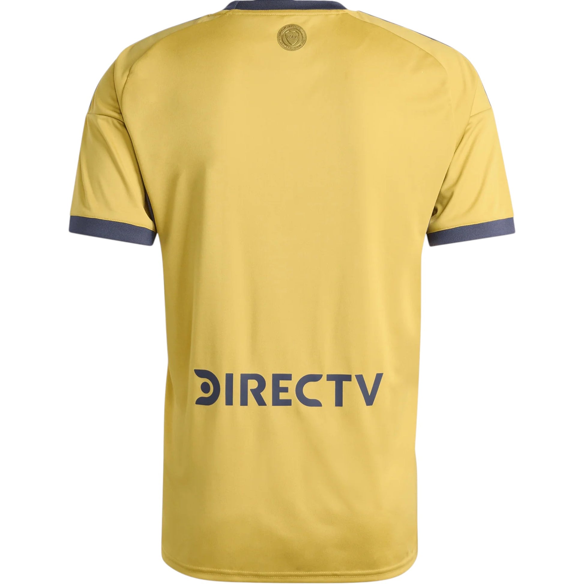 GOATkitz Boca Juniors 2025-26 adult away jersey in yellow with navy trim and DIRECTV logo on back.