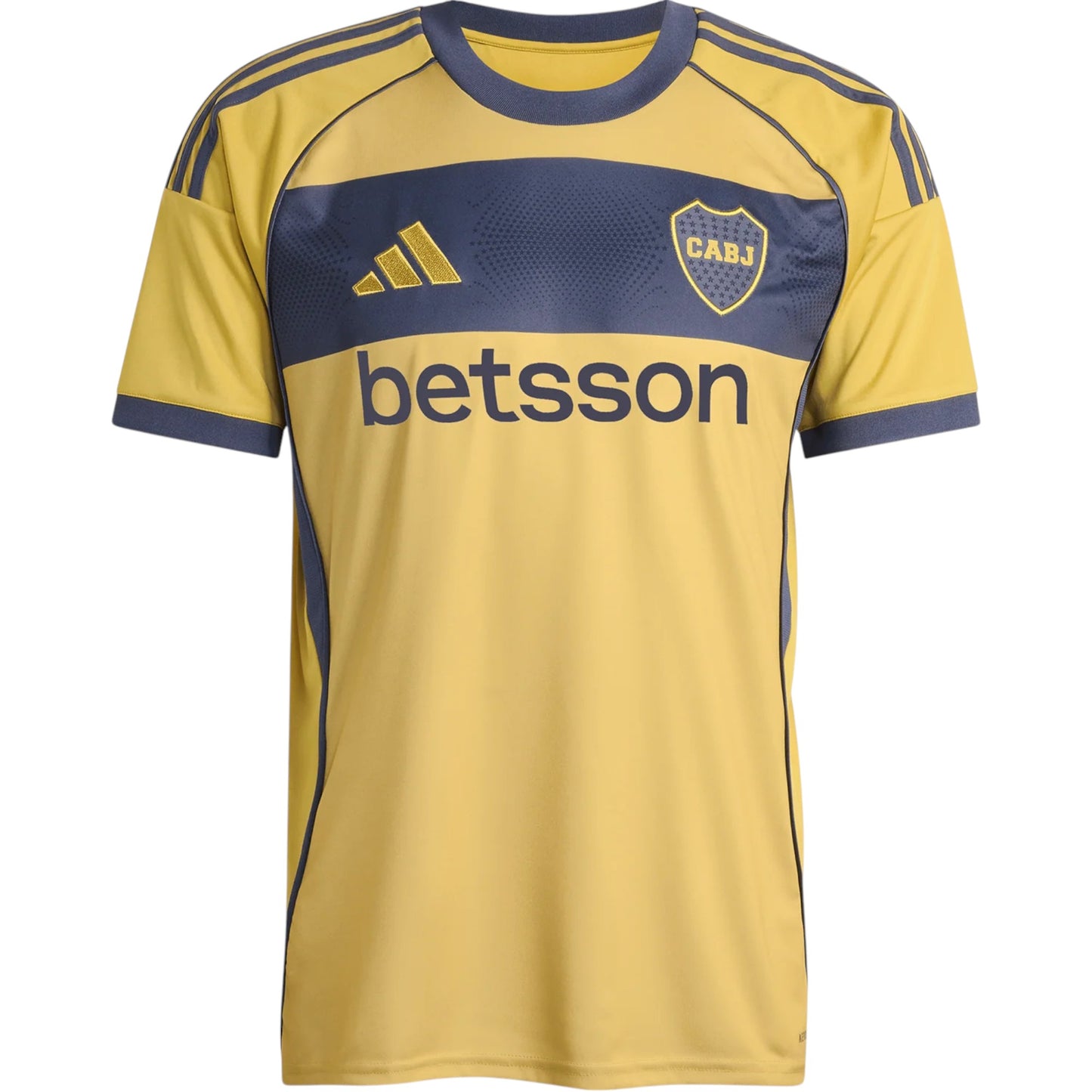 GOATkitz Boca Juniors 2025-26 adult away jersey in yellow with navy blue accents and sponsor logo.