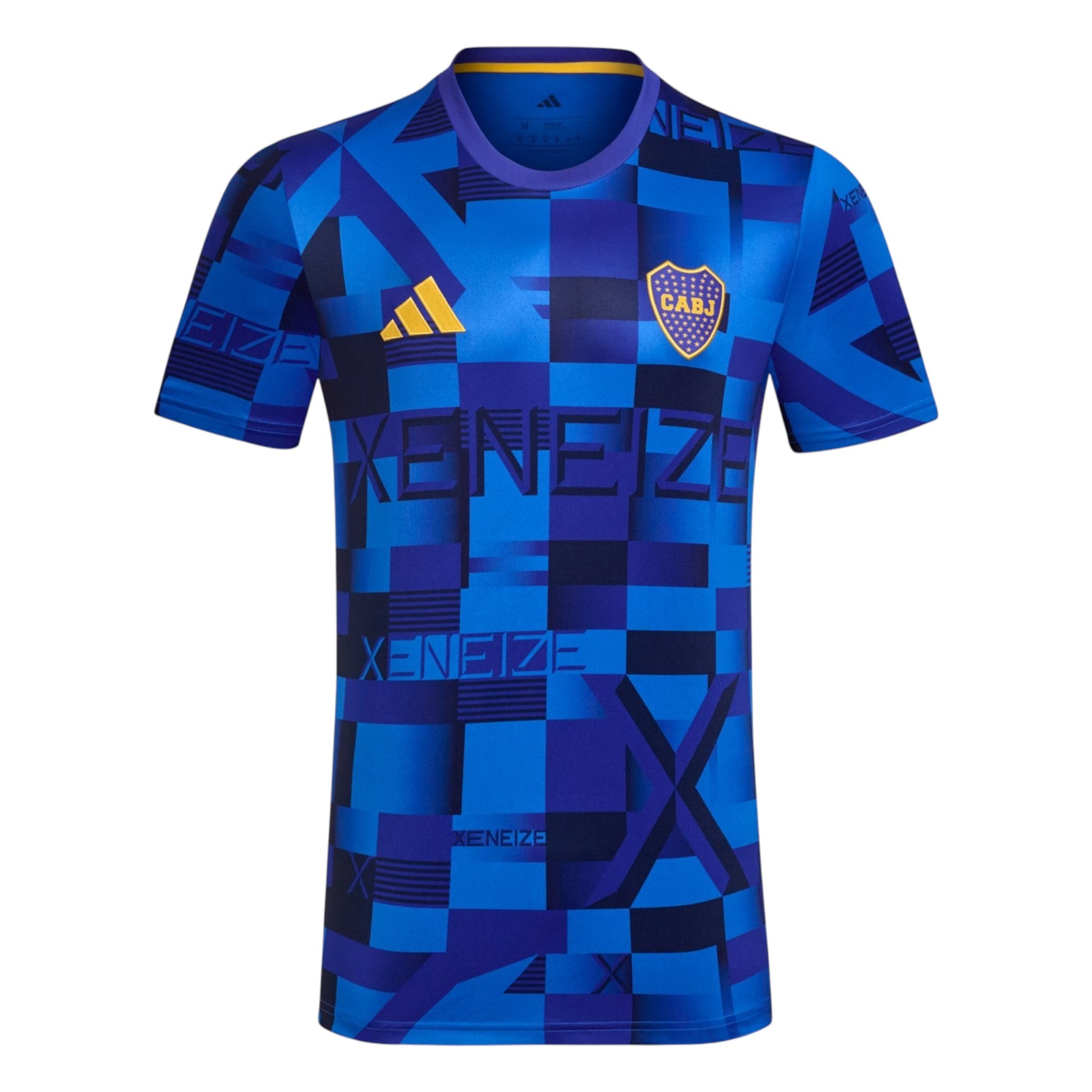 GOATkitz Boca Juniors blue pre-match jersey with geometric pattern and club crest. Short sleeves, crew neck.