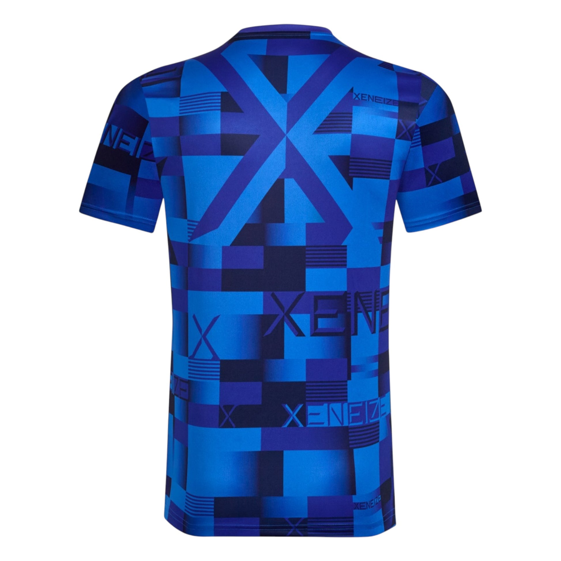 GOATkitz Boca Juniors blue pre-match jersey with abstract geometric pattern and repeating 'XENEIZE' text.