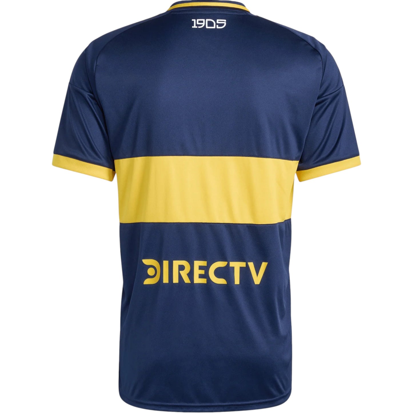 GOATkitz Boca Juniors 2025-26 adult home jersey, navy blue with yellow horizontal stripe and DIRECTV logo.
