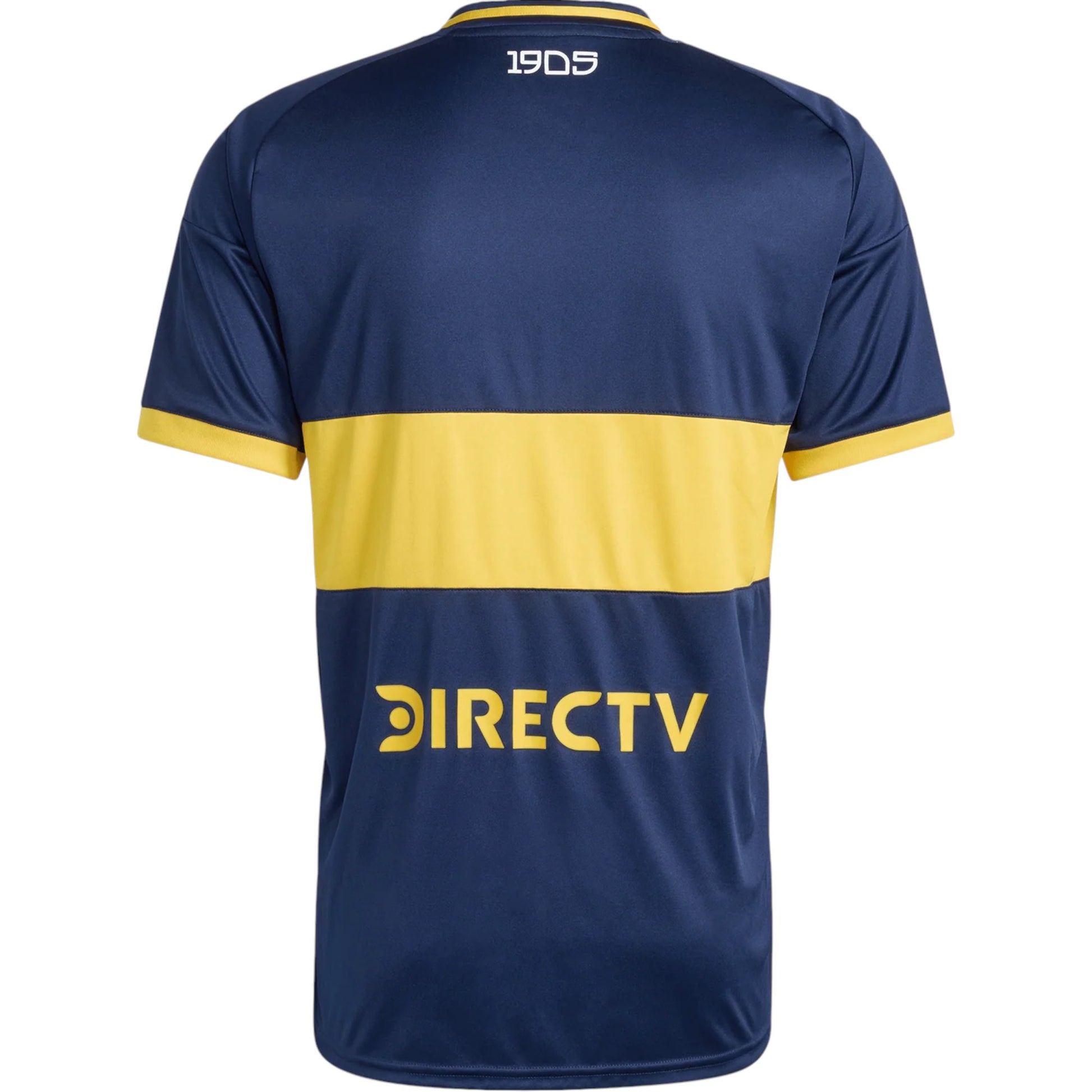 GOATkitz Boca Juniors 2025-26 adult home jersey, navy blue with yellow horizontal stripe and DIRECTV logo.