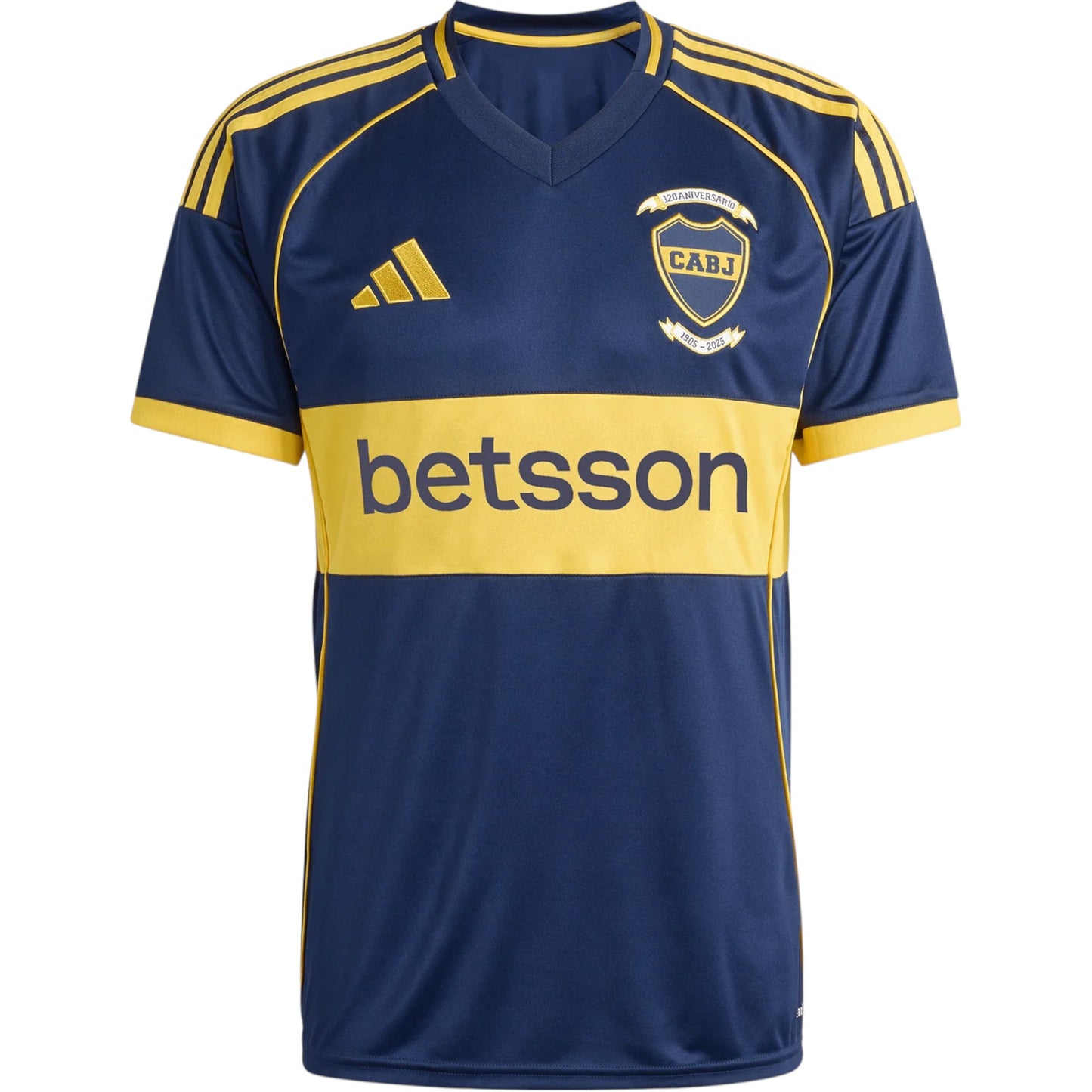 GOATkitz Boca Juniors 2025-26 adult home jersey in navy blue with yellow accents and sponsor logo.