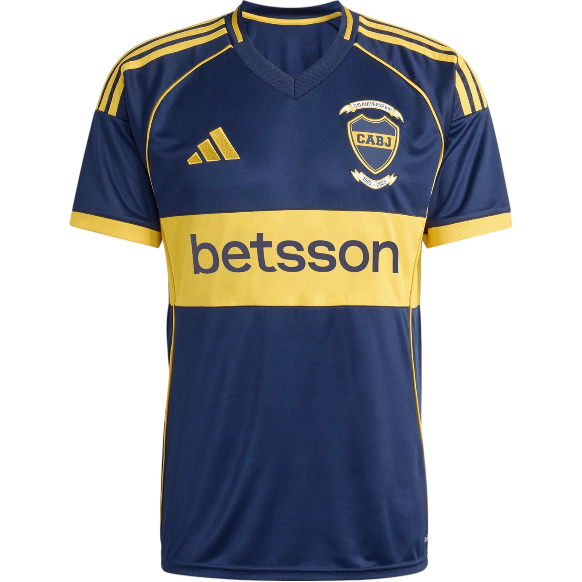 GOATkitz Boca Juniors 2025-26 adult home jersey in navy blue with yellow accents and sponsor logo.
