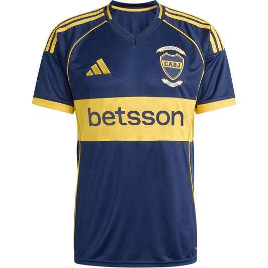 GOATkitz Boca Juniors 2025-26 adult home jersey in navy blue with yellow accents and sponsor logo.