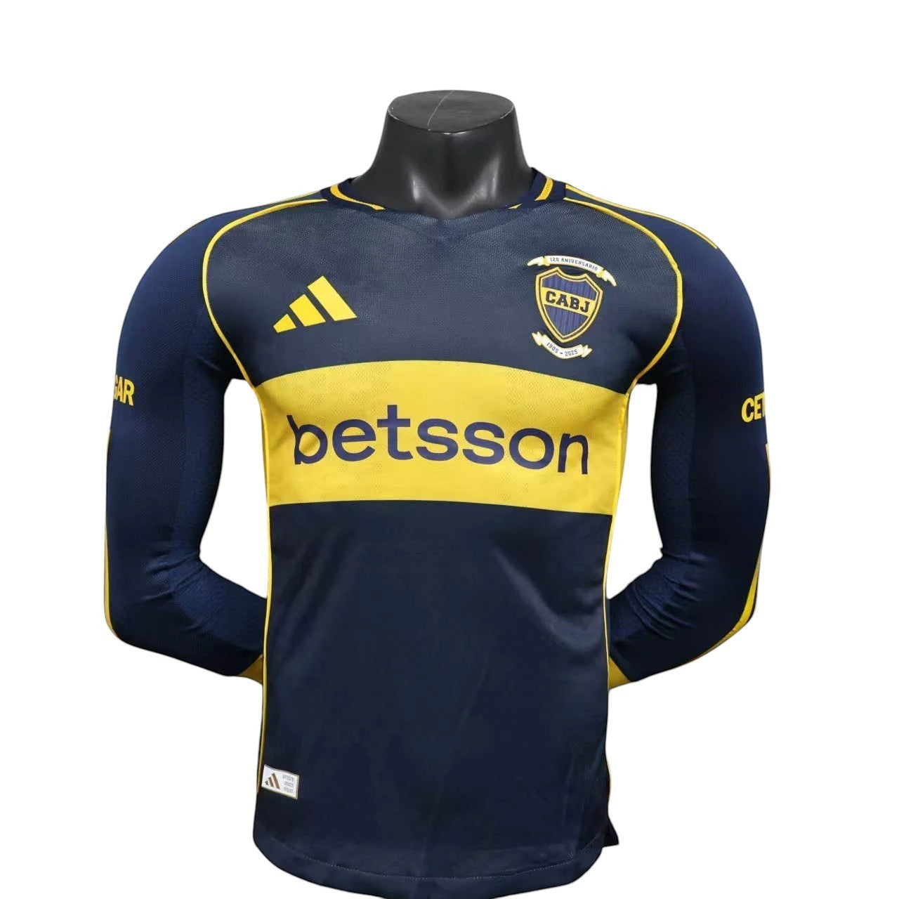 GOATkitz Boca Juniors 2025-26 navy blue and yellow long sleeve player version jersey with customizable name and number.