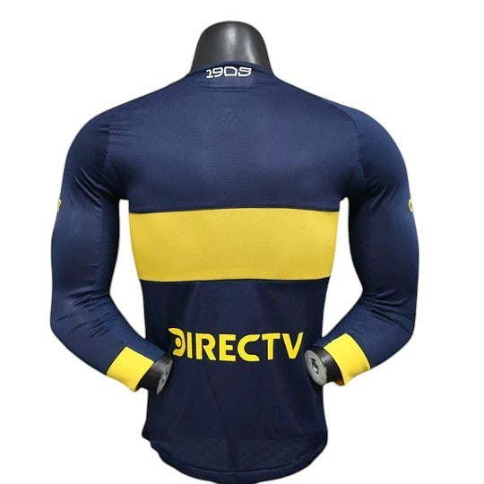 GOATkitz Boca Juniors 2025-26 player version long sleeve navy blue jersey with yellow stripe and DIRECTV logo.
