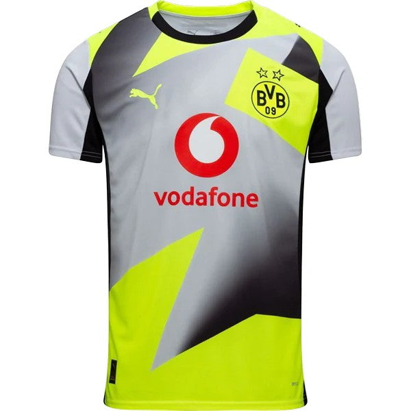 GOATkitz Borussia Dortmund 2025-26 away jersey in grey, neon yellow, and black with Vodafone sponsor.