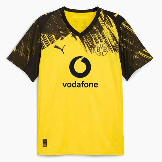 Borussia Dortmund 2025-26 adult home jersey in yellow with black accents and Vodafone sponsor logo. Features BVB crest and Puma logo.