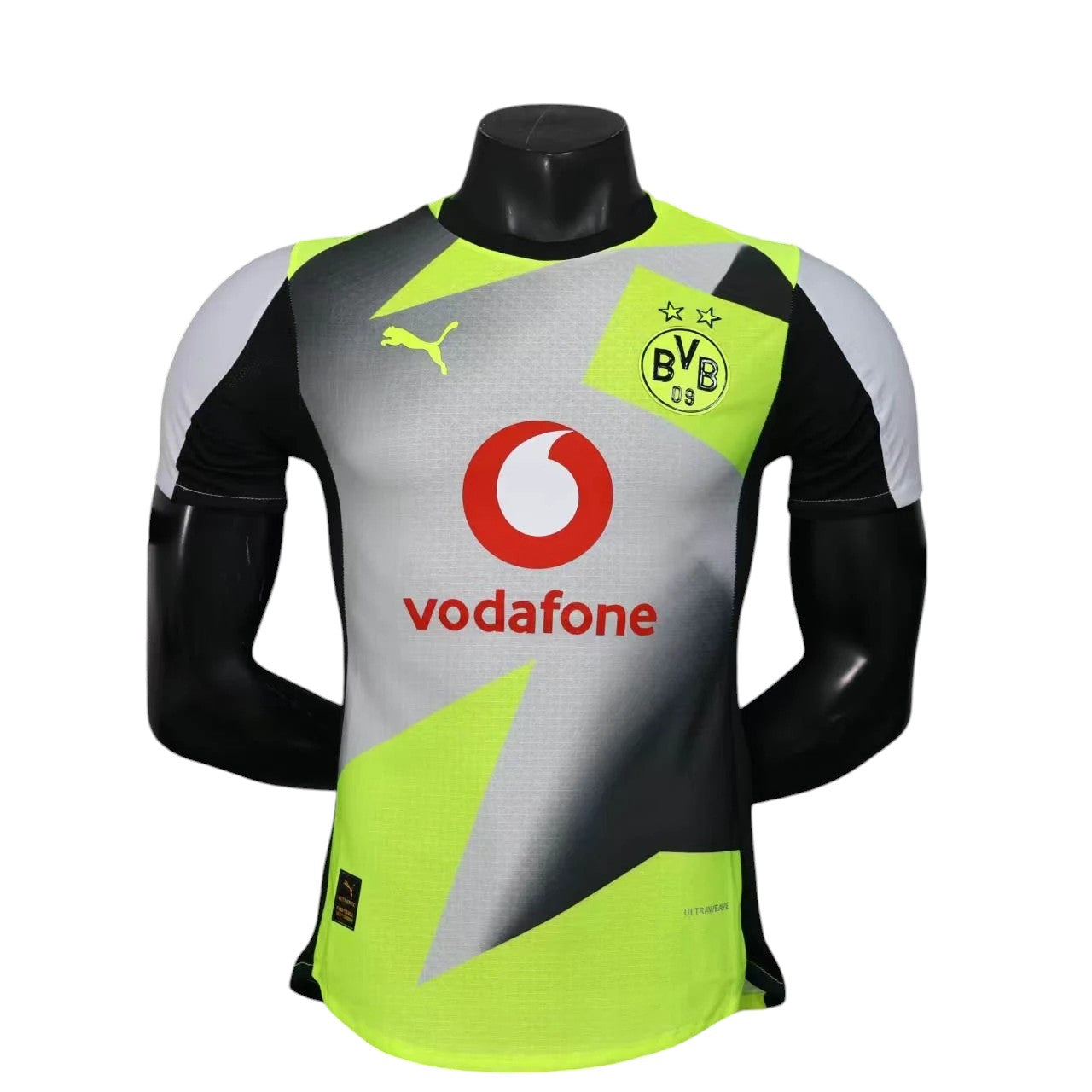 GOATkitz Borussia Dortmund 2025-26 player version away jersey in grey, neon yellow, black, and white. Features Vodafone logo.