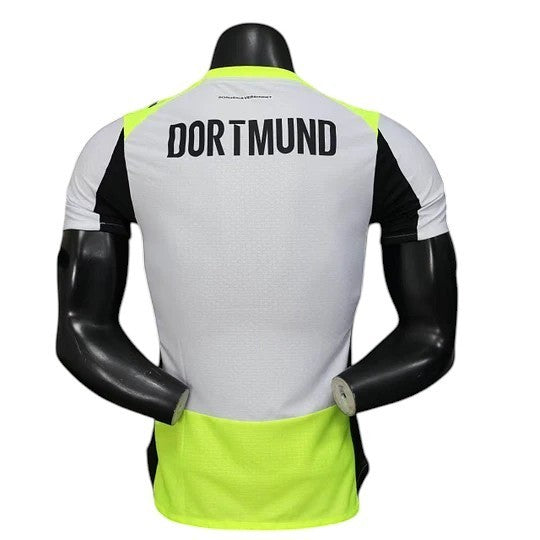 GOATkitz Borussia Dortmund 2025-26 player version away jersey, white with black and neon yellow accents. Customizable.