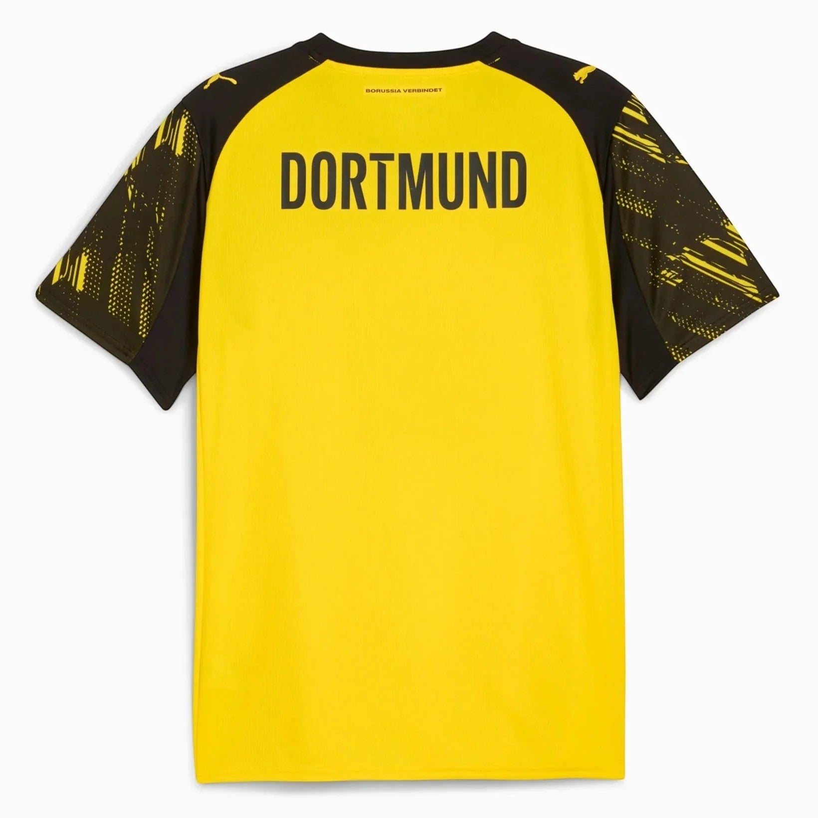GOATkitz Borussia Dortmund 2025-26 adult home jersey in yellow with black sleeves and "DORTMUND" text on the back.
