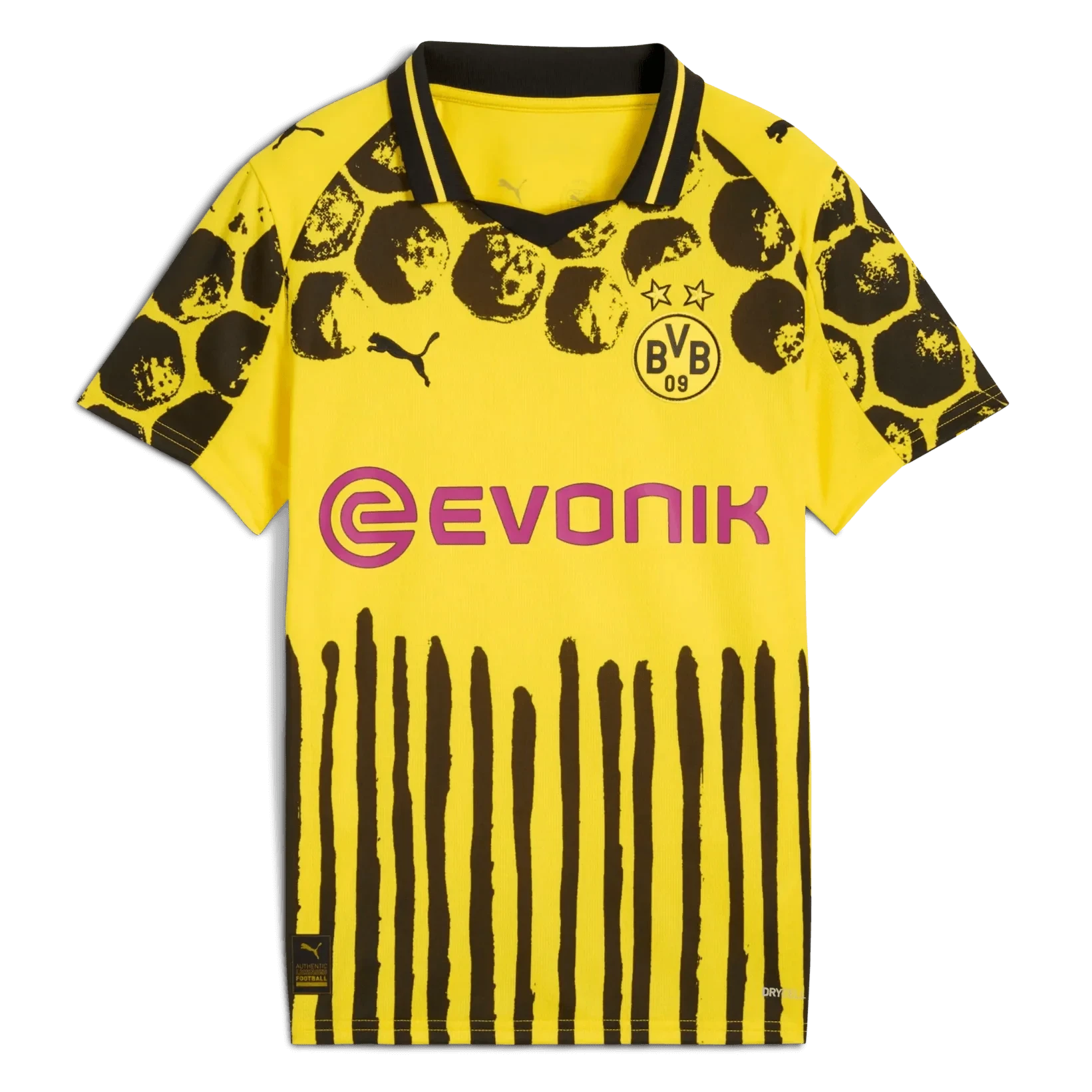 GOATkitz Borussia Dortmund 2025-26 KidSuper yellow jersey with black abstract print and vertical stripes. Features Evonik logo.