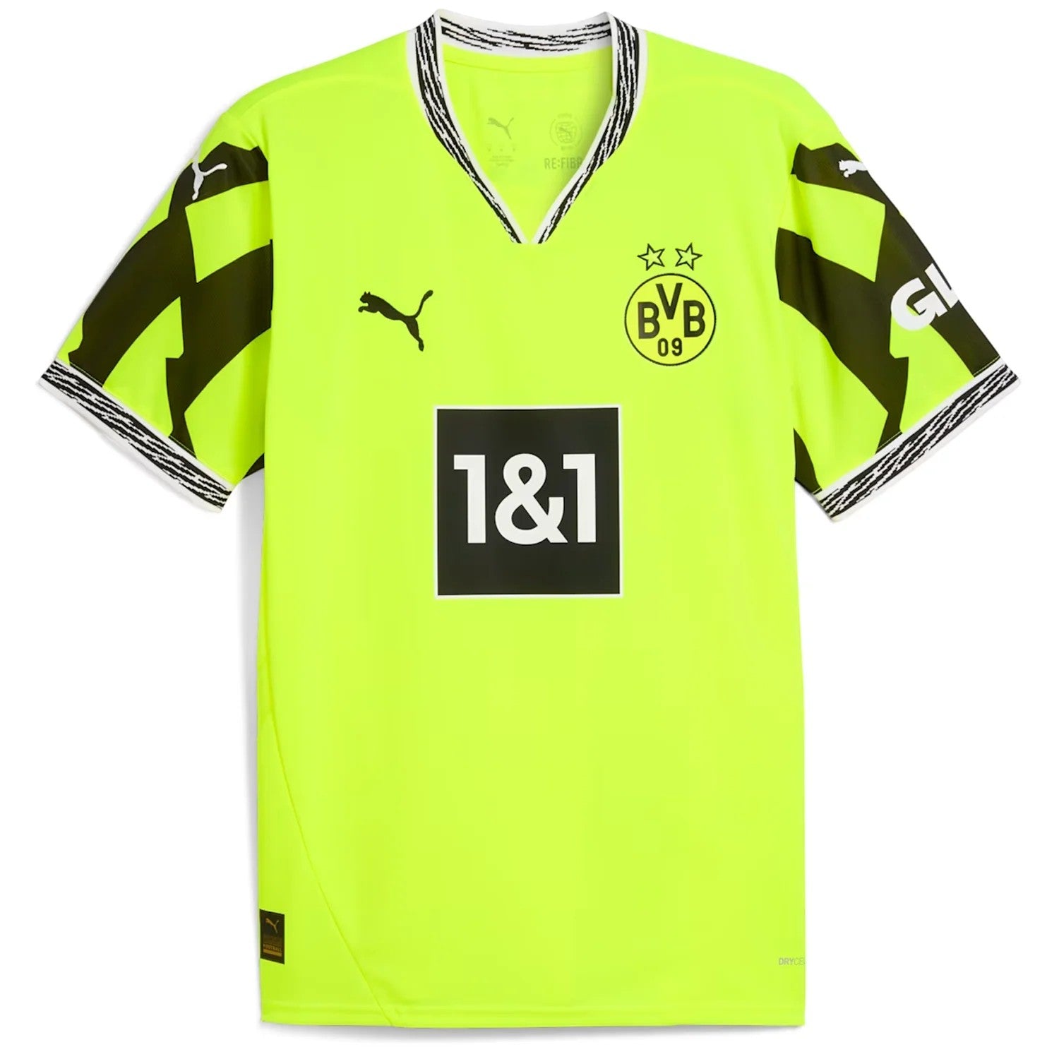 GOATkitz Borussia Dortmund 2025-26 neon yellow and green adult football jersey with black accents and customizable options.