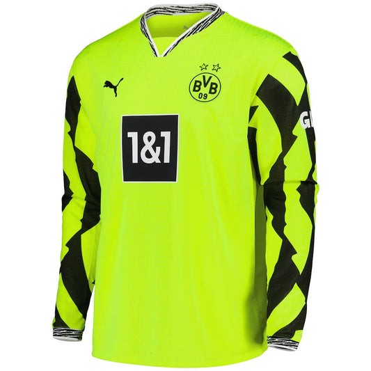 GOATkitz Borussia Dortmund 2025-26 neon yellow and green long sleeve football jersey with black accents.
