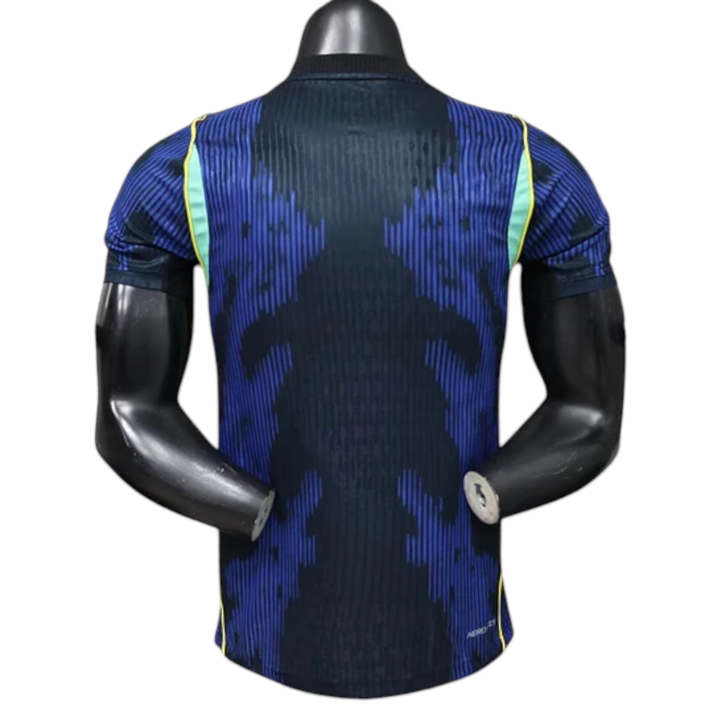 GOATkitz Brazil 2026 Player Version Away Jersey, blue with black vertical stripes and abstract pattern, yellow and light green accents on sleeves.