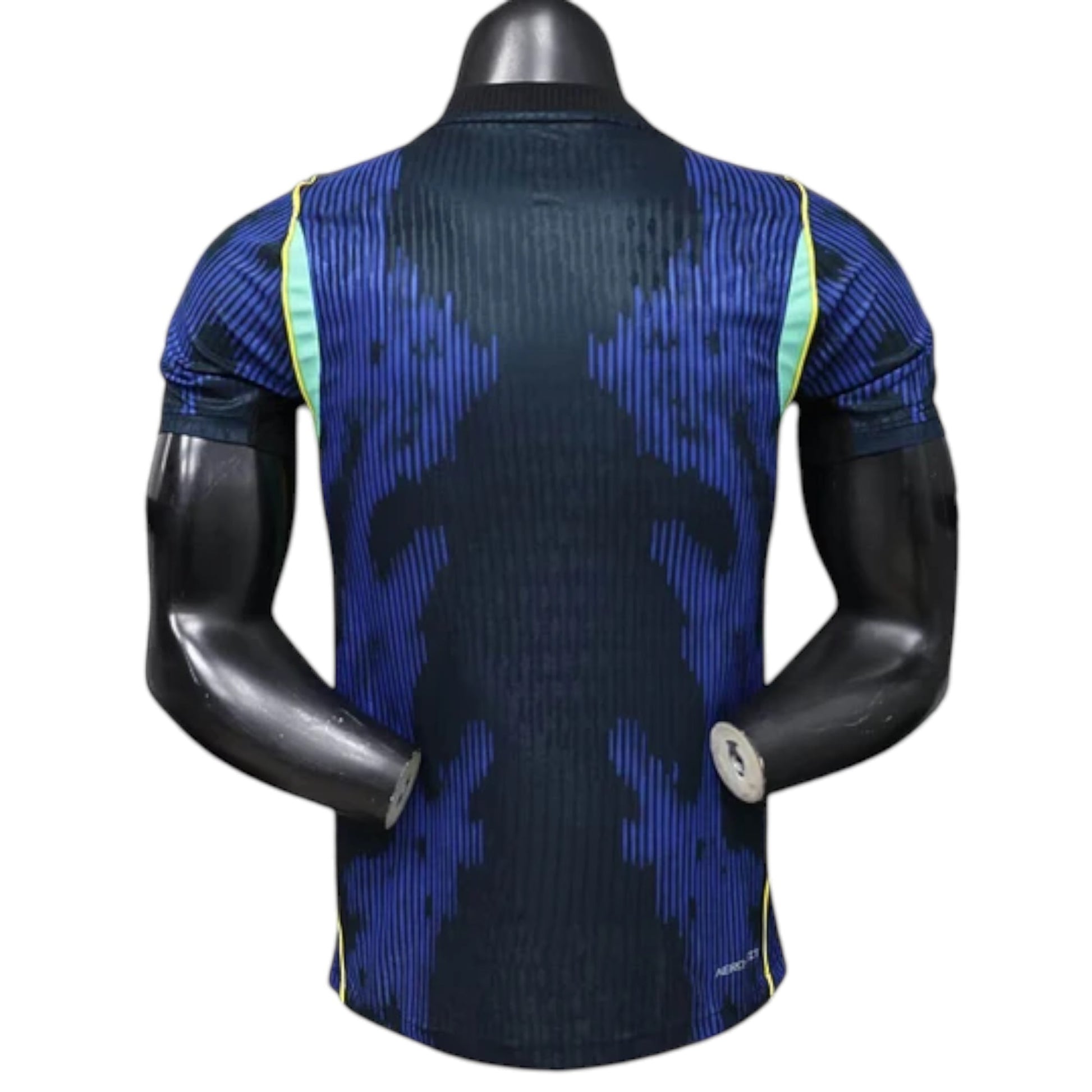 GOATkitz Brazil 2026 Player Version Away Jersey, blue with black vertical stripes and abstract pattern, yellow and light green accents on sleeves.