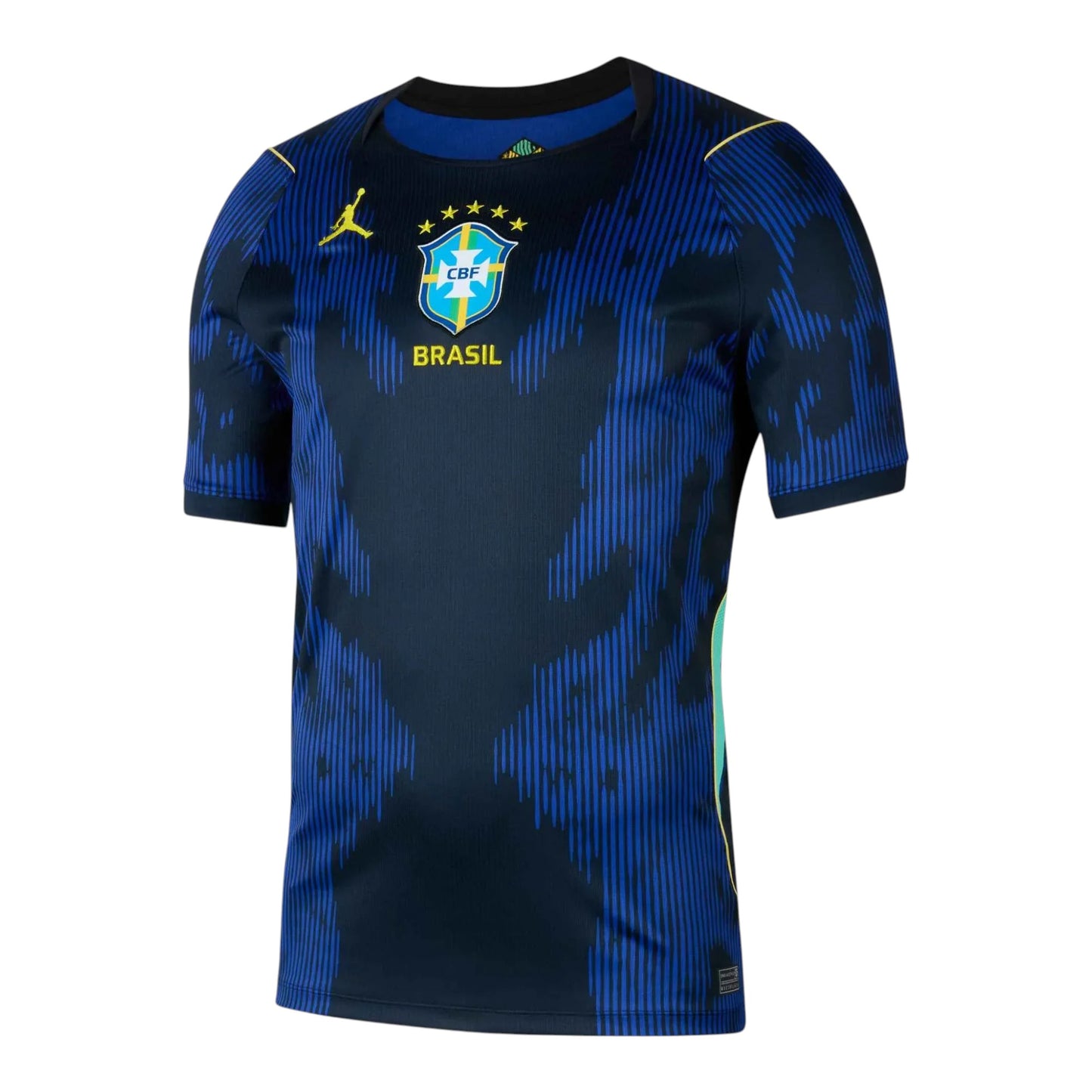 GOATkitz Brazil 2026 adult away jersey in navy blue with blue abstract pattern and yellow accents. Features CBF crest and Jordan logo.