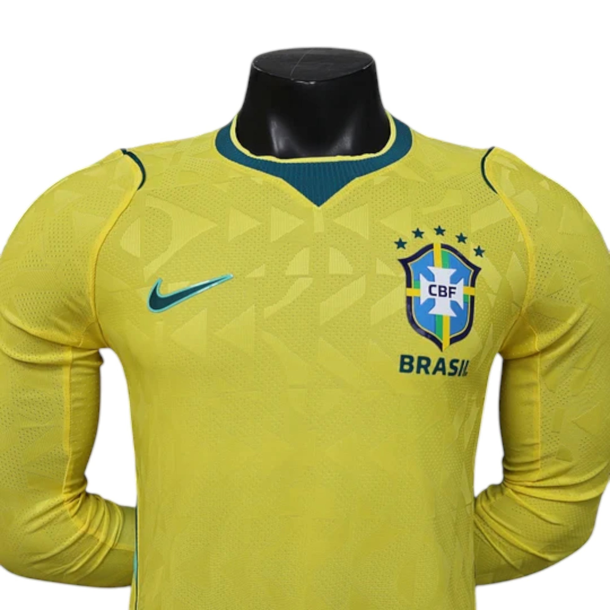 GOATkitz Brazil 2026 long sleeve player version home jersey in yellow with green and blue accents. Features CBF crest and Nike swoosh.