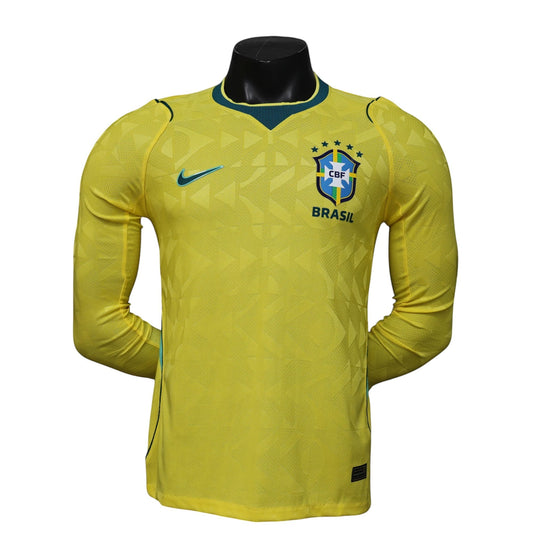 GOATkitz Brazil 2026 long sleeve player version home jersey in yellow with green trim and CBF crest. Customizable.