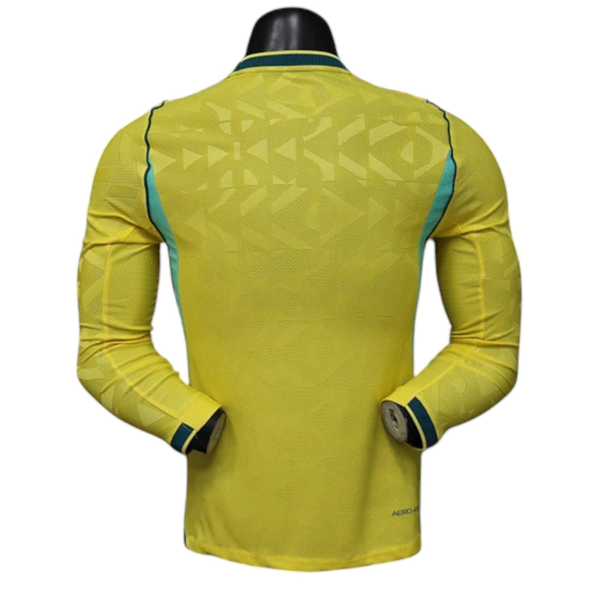GOATkitz Brazil 2026 long sleeve player version home jersey in yellow with green trim and geometric pattern. Customizable.