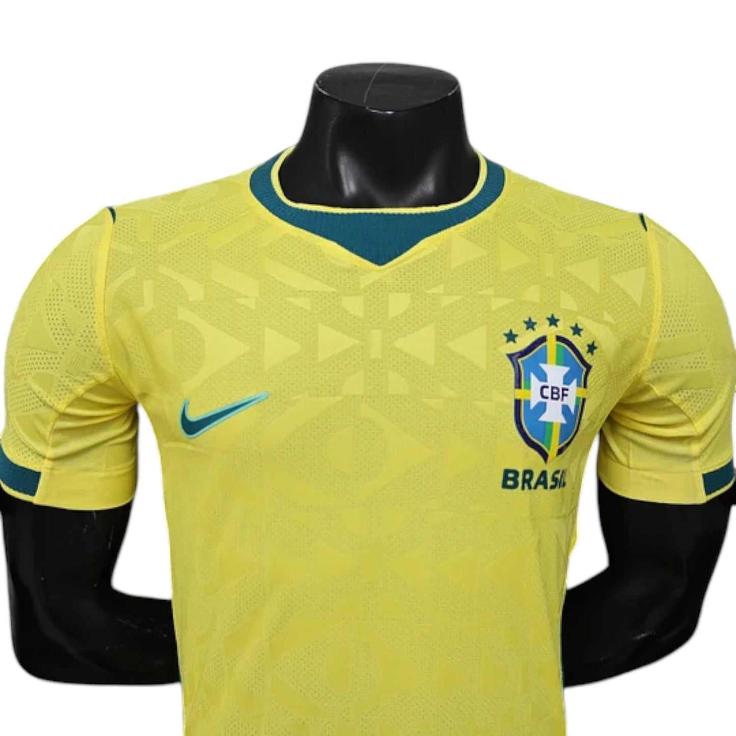 GOATkitz Brazil 2026 Player Version Home Jersey, yellow with green trim, Nike logo, CBF crest, and subtle geometric pattern.
