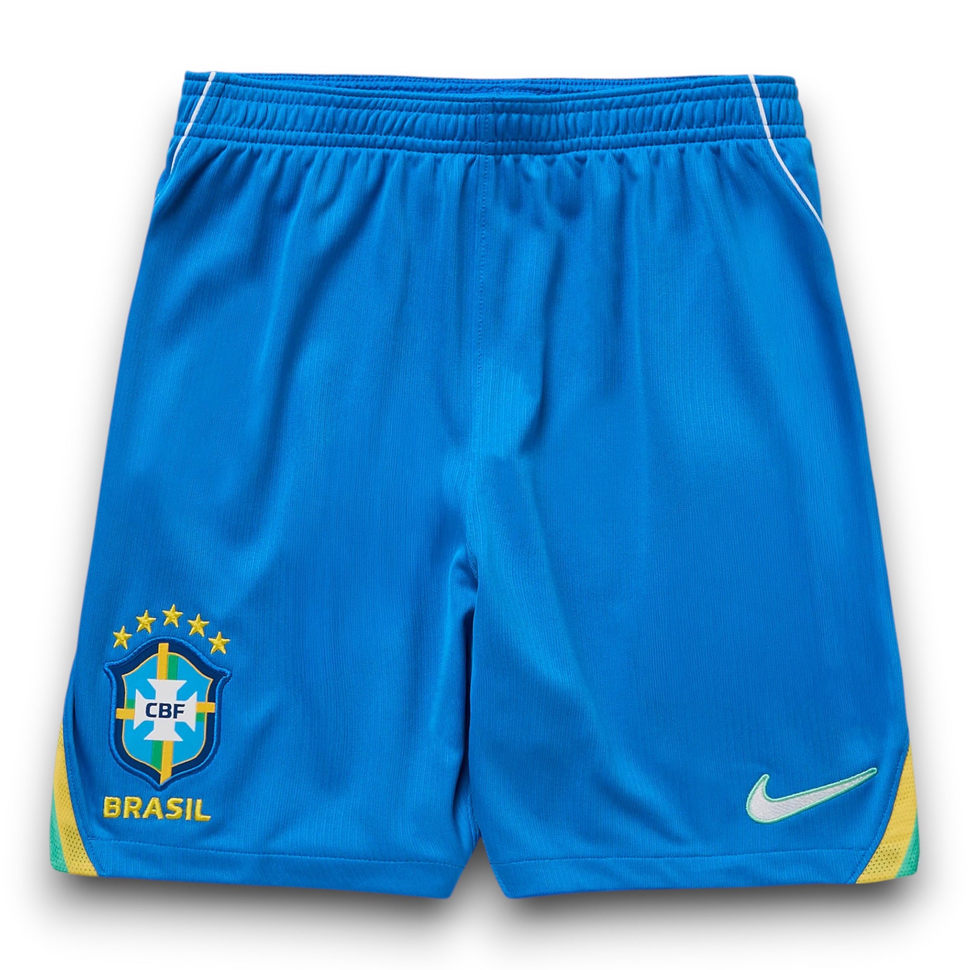 GOATkitz blue kids' soccer shorts with Brazil crest and Nike swoosh. Features yellow and green trim.