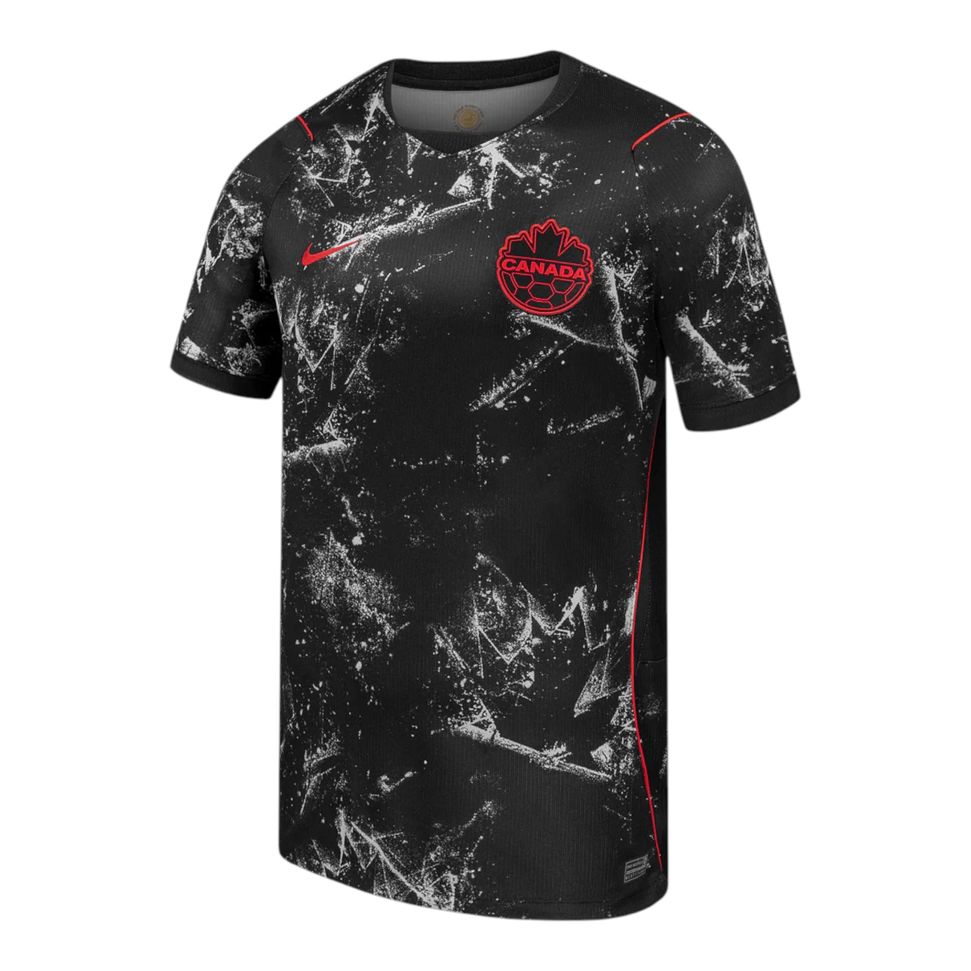 GOATkitz Canada 2026 Adult Away Jersey, black with white abstract pattern and red accents. Features Canada crest and Nike logo.