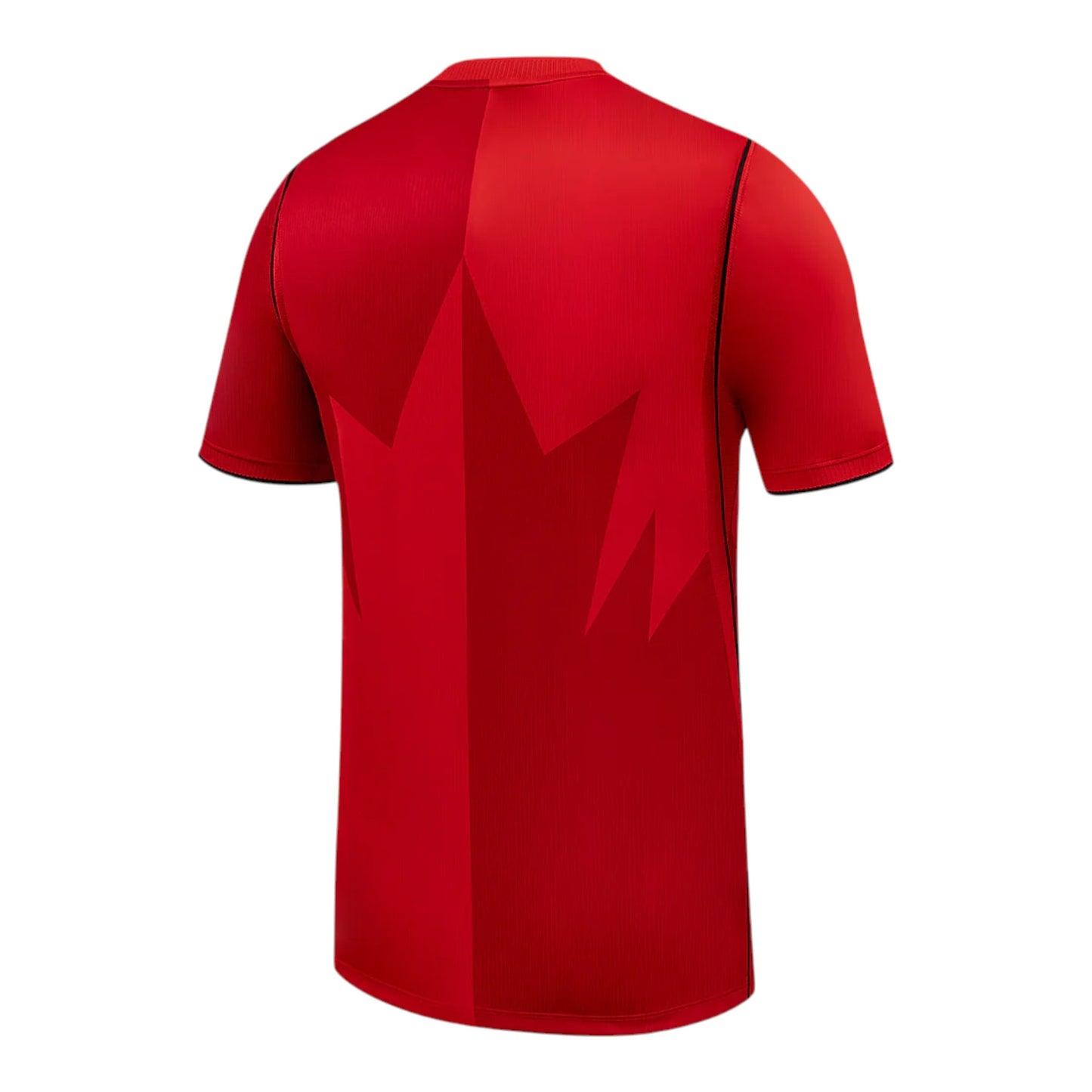 GOATkitz red Canada 2026 kids home jersey with a large maple leaf graphic on the back. Short sleeves and black trim.