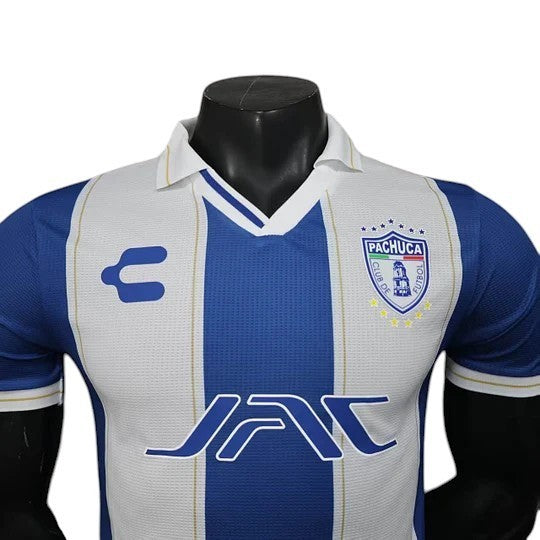 GOATkitz CF Pachuca 2025-26 player version home jersey, blue and white striped, with customizable name and number option.