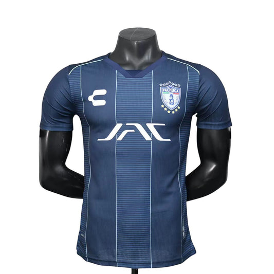 GOATkitz CF Pachuca 2025-26 navy blue player version away jersey with white pinstripes and JAC logo.