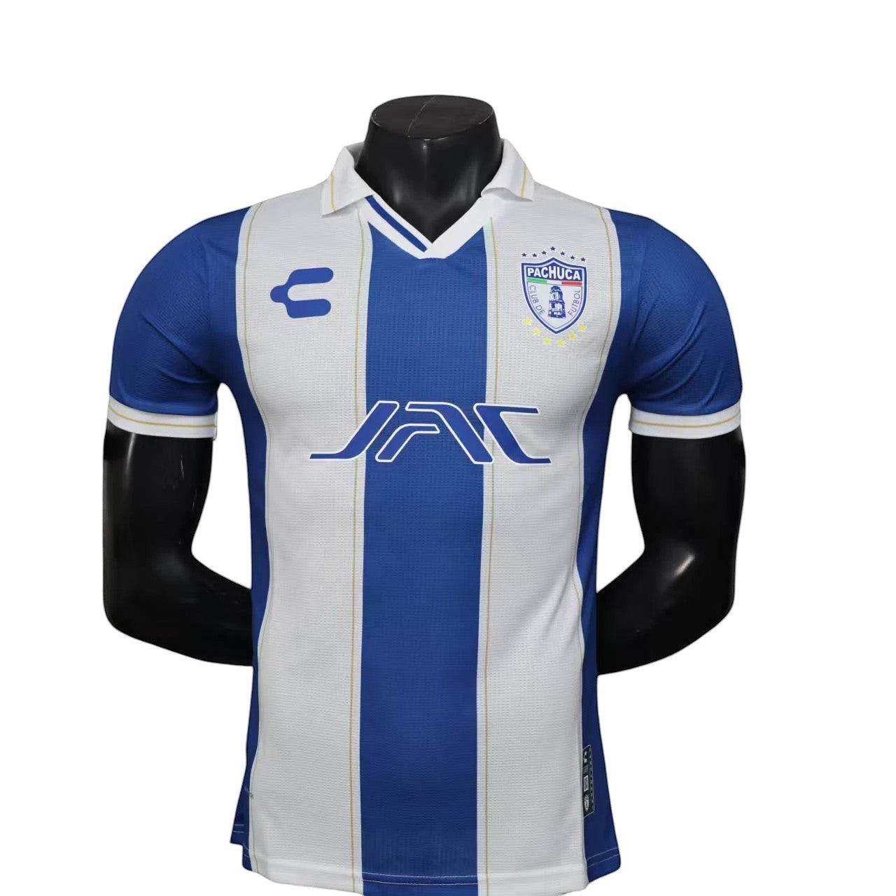 GOATkitz CF Pachuca 2025-26 player version home jersey, blue and white striped, V-neck, short sleeves, customizable.